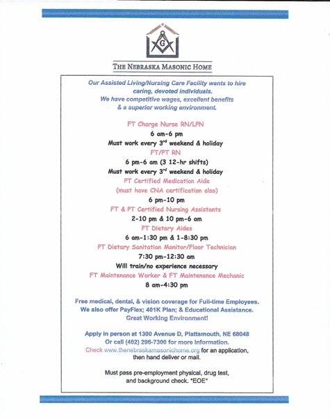 Help Wanted Masonic Home 475