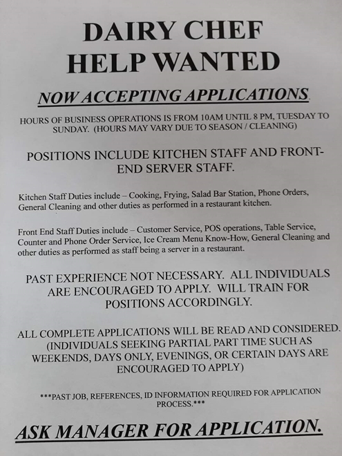Dairy Chef help wanted 495