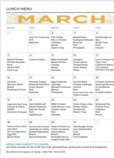 March Menu Senior Center 450